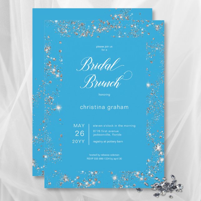 Invitación Moderno Blue Glam Diamond Frame Bridal Brunch (Modern Blue Glam Diamond Frame Bridal Brunch Invitation)