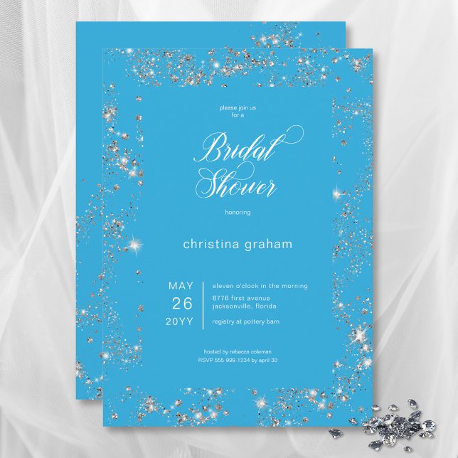 Invitación Moderno Blue Glam Diamond Frame Bridal Shower (Modern Blue Glam Diamond Frame Bridal Shower Invitation)