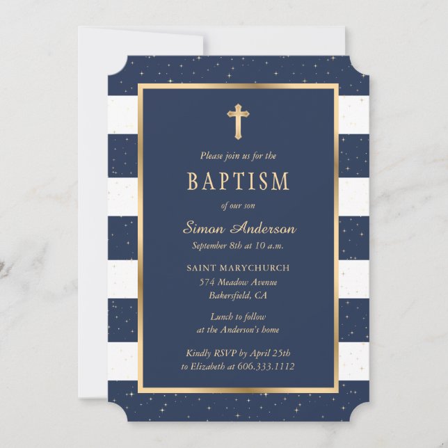 Invitación Moderno Blue Gold Cross Stars Boy Baptism (Anverso)