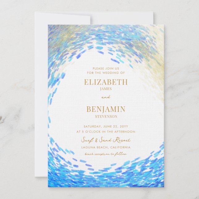 Invitación Moderno Blue Gold Splash Surfer Wave Beach Wedding (Anverso)