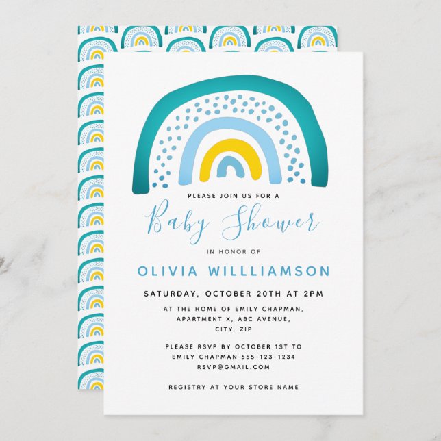 Invitación Moderno Blue Green Rainbow Baby Shower Baby Boy In (Anverso / Reverso)