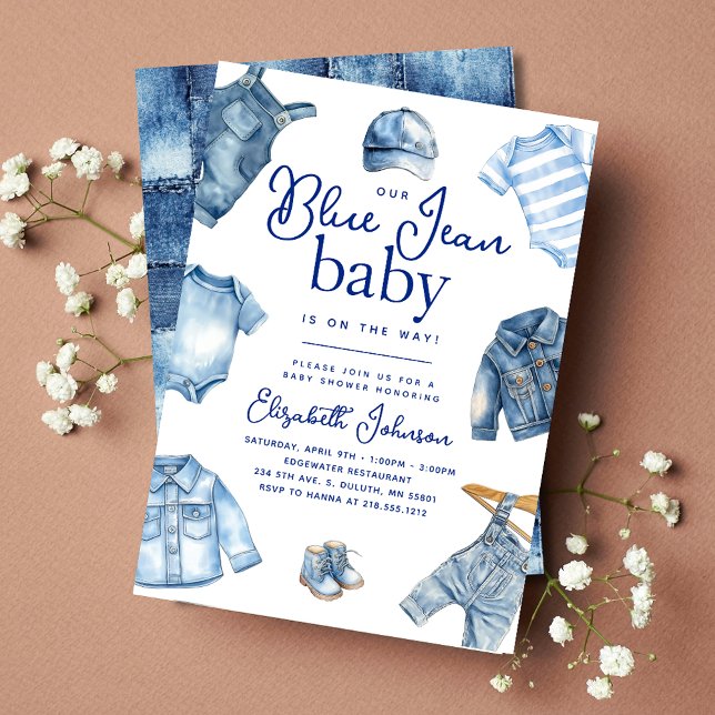 Invitación Moderno Blue Jean Baby Denim Tema Baby Shower (Modern Blue Jean Baby Denim Themed Baby Shower Invitation)