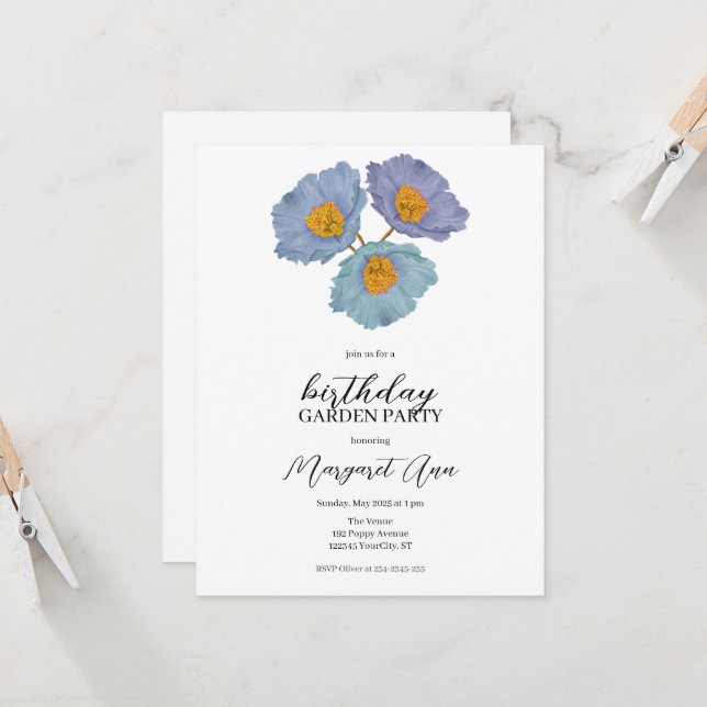 Invitación Moderno Blue Poppy Floral Birthday Garden Fiesta (Anverso/Reverso In Situ)