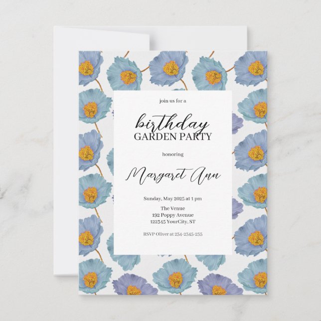 Invitación Moderno Blue Poppy Floral Birthday Garden Fiesta (Anverso)