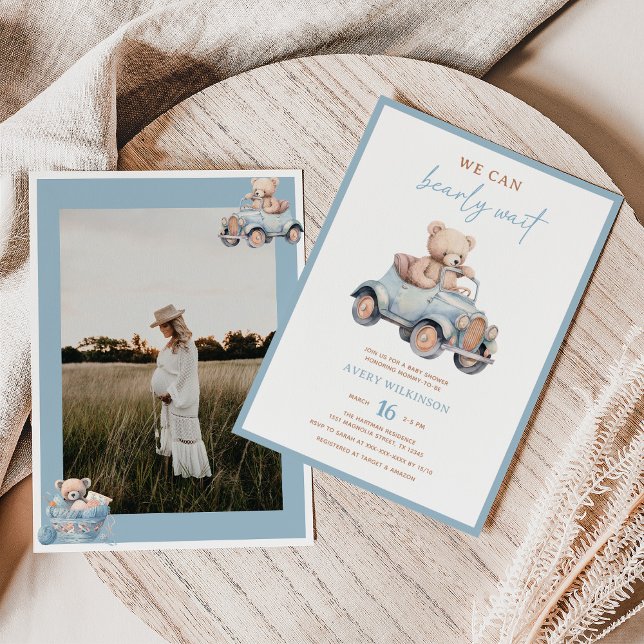 Invitación Moderno Blue Teddy Bear Photo Boy Baby Shower (Subido por el creador)
