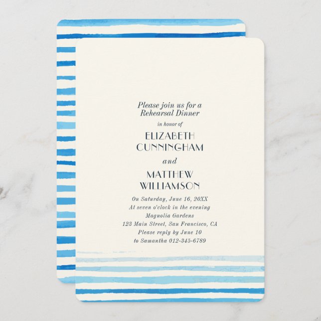 Invitación Moderno Blue Watercolor Stripes Ensayo Cena (Anverso / Reverso)