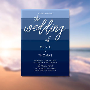 Invitación Moderno Blue Wave Stripes Calligraphy Beach Weddin