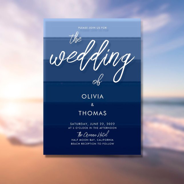 Invitación Moderno Blue Wave Stripes Calligraphy Beach Weddin (Subido por el creador)