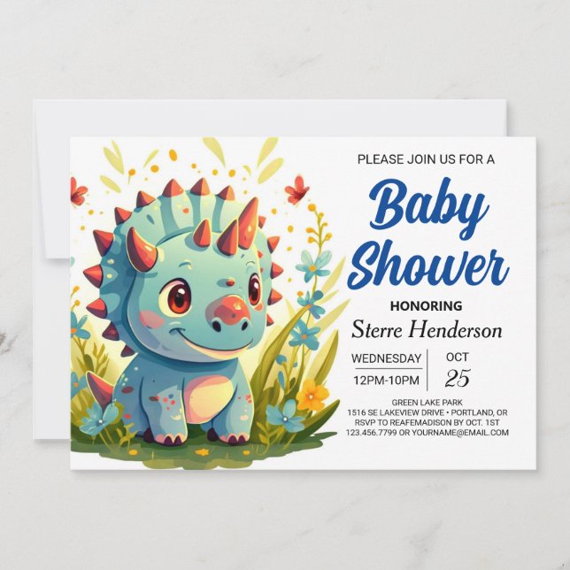 Invitación Moderno Blue Whimsical Dinosaur Boy Baby Shower (Anverso)