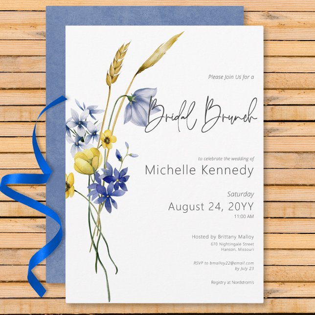 Invitación Moderno Blue & Yellow Wildflowers Brunch Bridal (Modern Blue & Yellow Wildflowers Bridal Brunch Invitation)