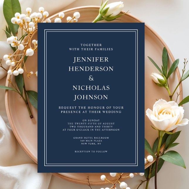 Invitación Moderno Boda Azul de la Marina Clásica (Modern Elegant Classic Navy Blue Wedding Invitation)