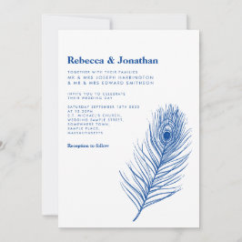 Invitación Moderno Boda azul de la pluma de pavo real mínima