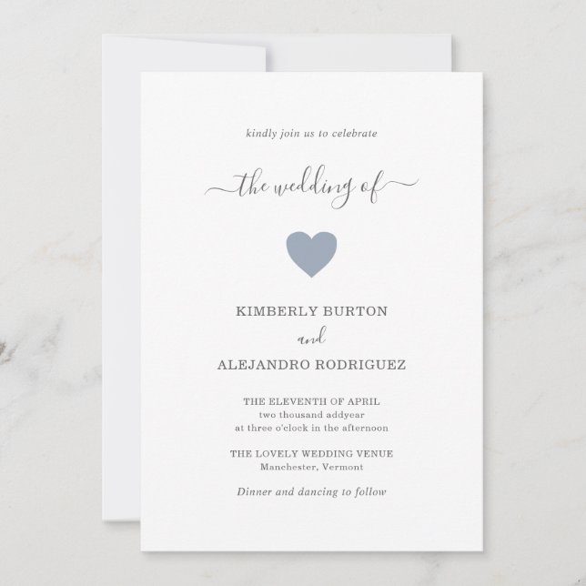 Invitación Moderno Boda azul turbulento y simple de corazón (Anverso)