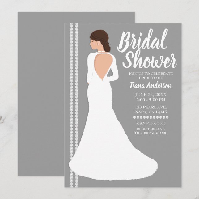 Invitación Moderno Boda blanco vestido Bling Bridal Shower (Anverso / Reverso)