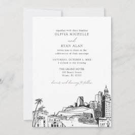 Invitación Moderno Boda blanco y negro de Miami Skyline