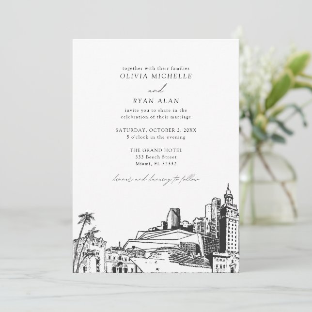 Invitación Moderno Boda blanco y negro de Miami Skyline (Anverso de pie)