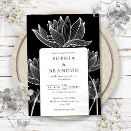 Invitación Moderno Boda Botánico Floral Blanco Y Negro