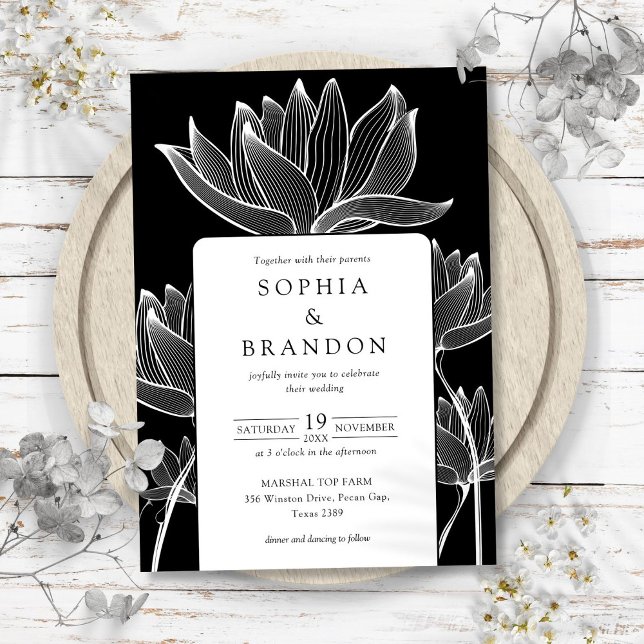 Invitación Moderno Boda Botánico Floral Blanco Y Negro (Modern Botanical Floral Black And White Wedding Invitation)