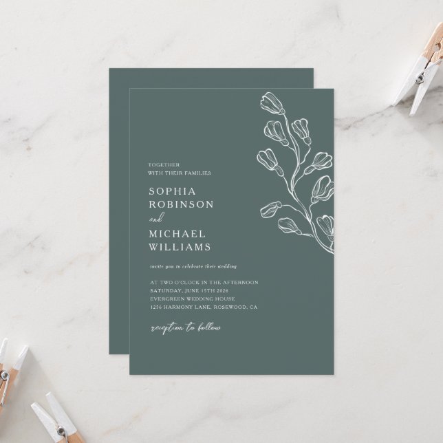 Invitación Moderno Boda Botánico Floral Oscuro Verde y Blanco (Anverso/Reverso In Situ)