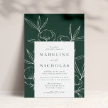 Invitación Moderno Boda Botánico Floral Oscuro Verde y Crema<br><div class="desc">Elegantes y modernas invitaciones a bodas con detalles bodas en verde oscuro,  con dibujos florales en línea de color crema en un fondo verde moteado. La invitación cambia a un fondo beige moteado o color de su elección. Diseñado para coordinar con nuestra moderna colección de bodas botánicos florales.</div>