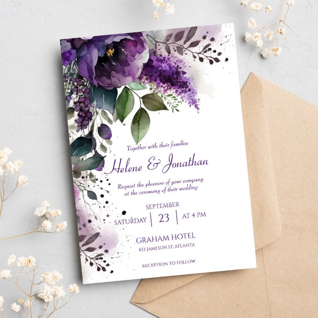Invitación Moderno Boda Botánico-Morado Floral (Modern Elegant Botanical Purple Floral Wedding Invitation)