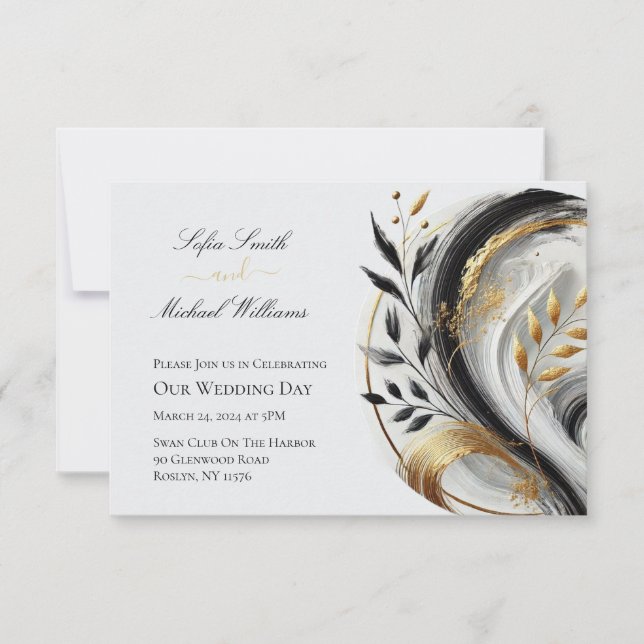Invitación Moderno Boda Botánico Negro Blanco y Oro - Inv (Anverso)