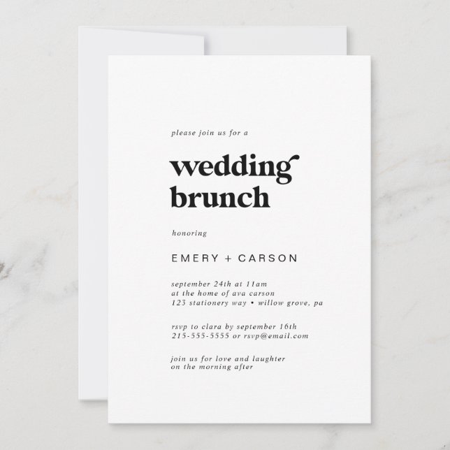 Invitación Moderno Boda Brunch de Tipografía Negra (Anverso)