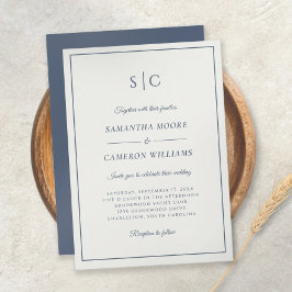 Invitación Moderno Boda Clásico Monograma Crema y Azul marino