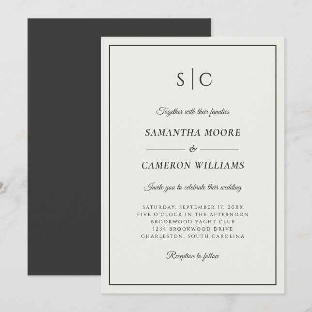 Invitación Moderno Boda Clásico Monograma Crema y Negro (Anverso / Reverso)