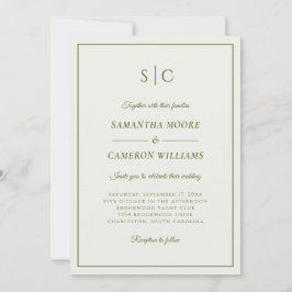 Invitación Moderno Boda Clásico Monograma Crema y Verde