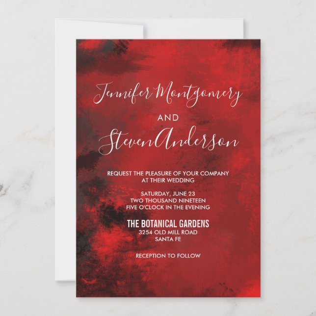 Invitación Moderno Boda de abstracto negro y rojo oscuro (Anverso)