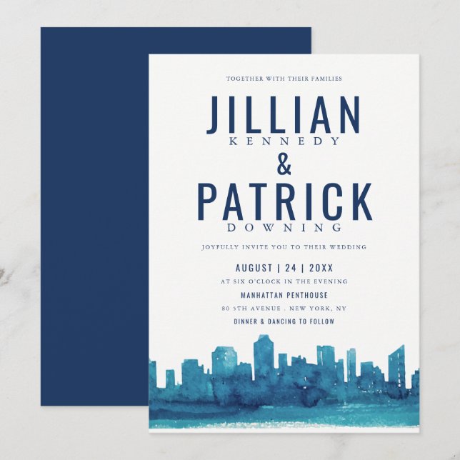 Invitación Moderno Boda de acuarela de la ciudad (Anverso / Reverso)