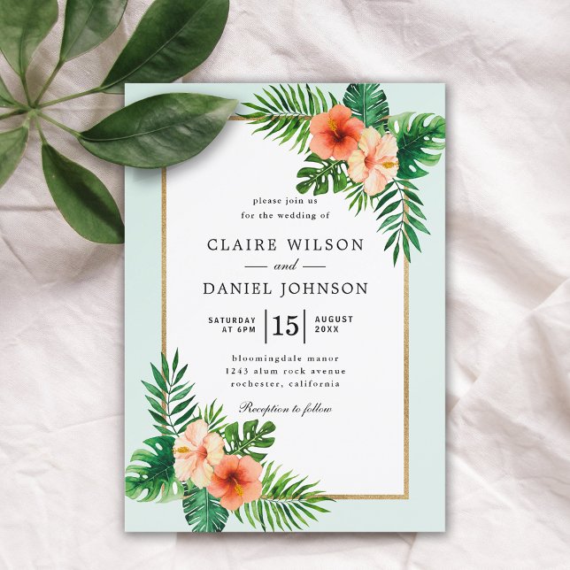 Invitación Moderno Boda de acuarela tropical verde de menta (Subido por el creador)