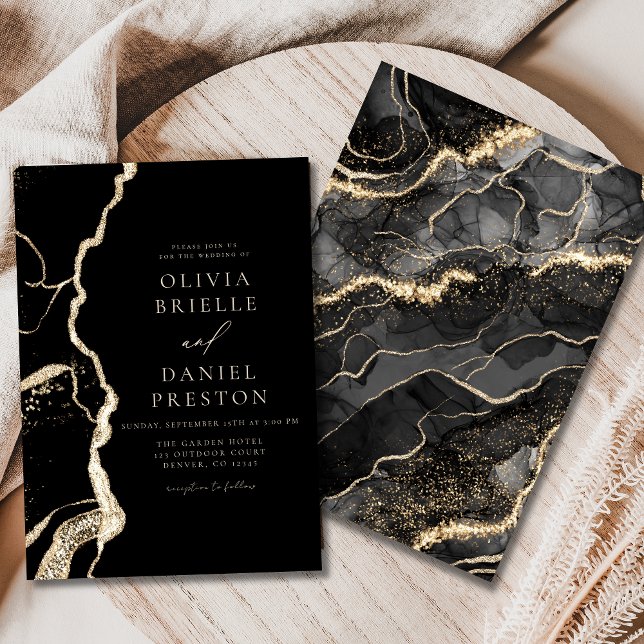 Invitación Moderno Boda de Agate de Oro Negro Elegante (Subido por el creador)