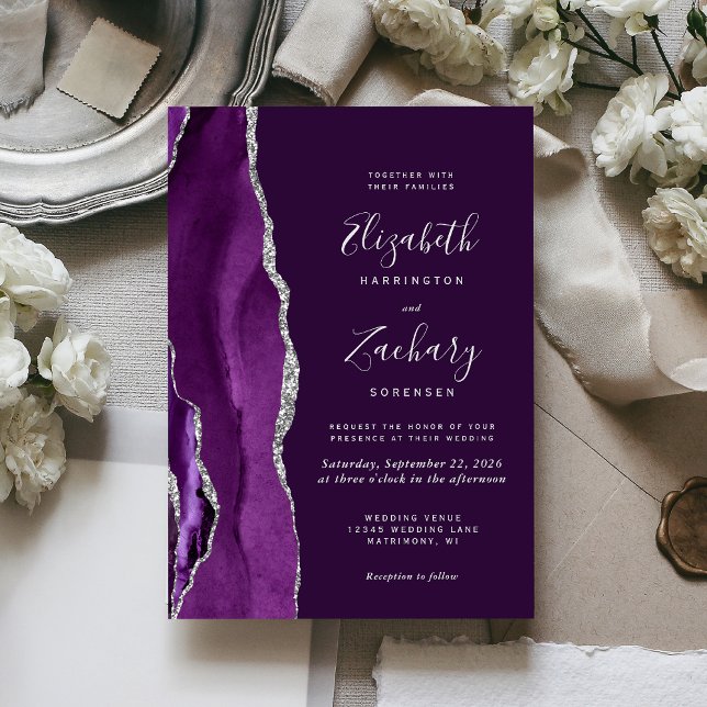 Invitación Moderno Boda de Agate de Plata Profunda Púrpura (Subido por el creador)