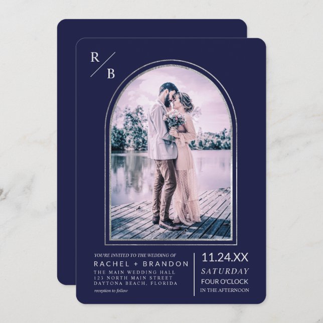 Invitación Moderno Boda de arco azul de la marina plateada si (Anverso / Reverso)