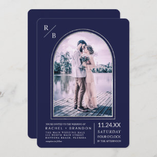 Invitación Moderno Boda de arco azul de la marina plateada si