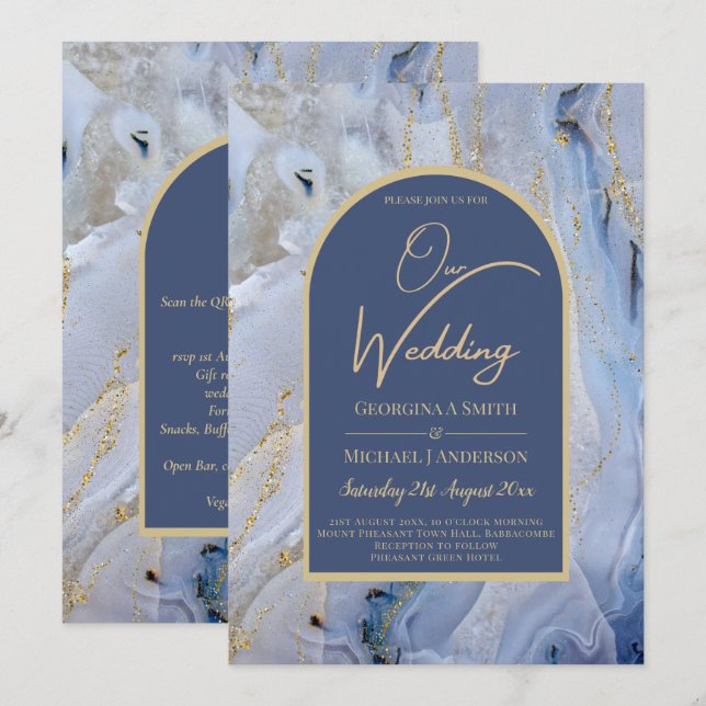 Invitación Moderno Boda de Arco de Mármol de la Agate Blue Go (Anverso / Reverso)