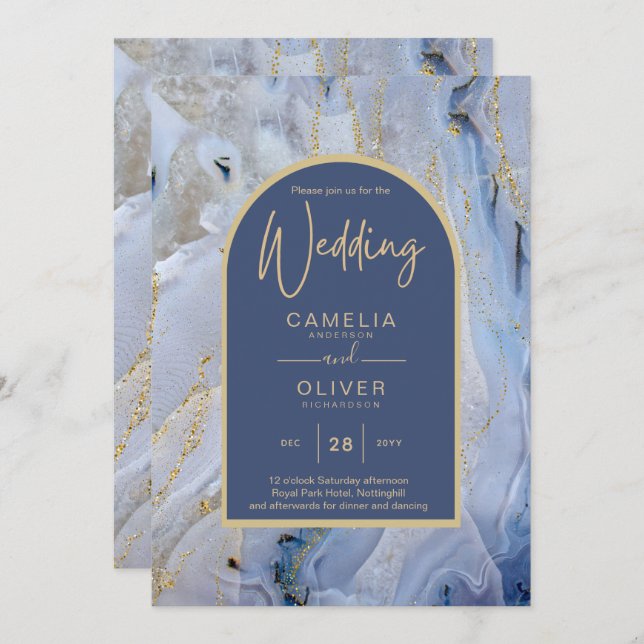 Invitación Moderno Boda de Arco de Mármol de la Agate Blue Go (Anverso / Reverso)