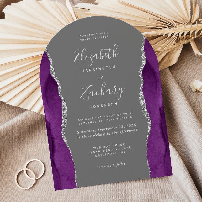 Invitación Moderno Boda de arco gris de plata morada Agate (Subido por el creador)