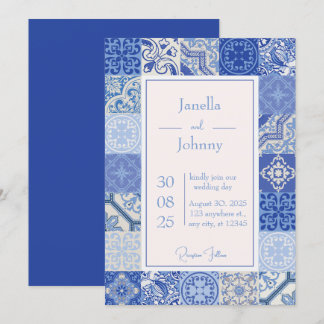 Invitación Moderno Boda de azulejos mediterráneos azules y bl