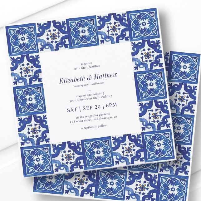 Invitación Moderno Boda de azulejos mediterráneos azules y bl (Subido por el creador)