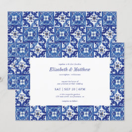 Invitación Moderno Boda de azulejos mediterráneos azules y bl