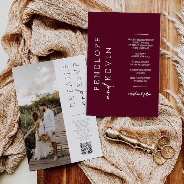 Invitación Moderno Boda de Boho de Borgoña Foto Código QR RSV (Subido por el creador)