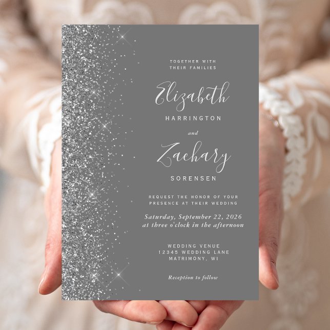 Invitación Moderno Boda de borde Purpurina gris plateado (Subido por el creador)