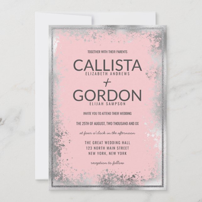 Invitación Moderno Boda de borde Purpurina rosado plateado ro (Anverso)
