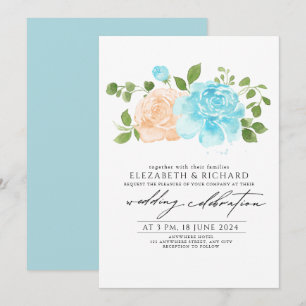 Invitación Moderno Boda de Bouquet Floral Blue Peach Floral