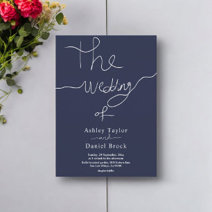 Invitación Moderno Boda de caligrafía blanca azul de la Marin