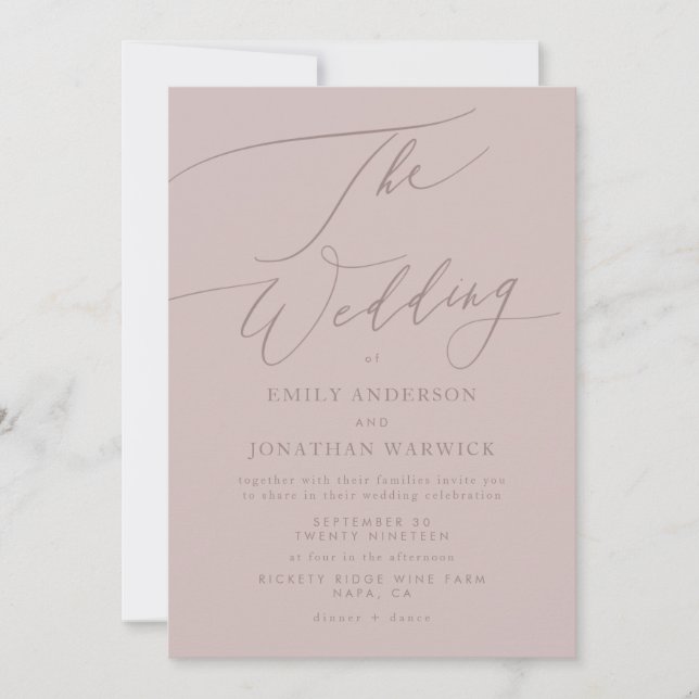 Invitación Moderno Boda de caligrafía simple de Rubor (Anverso)