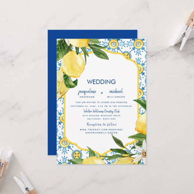 Invitación Moderno Boda de Cobalto Azul y Lemones Mediterráne (Anverso/Reverso In Situ)